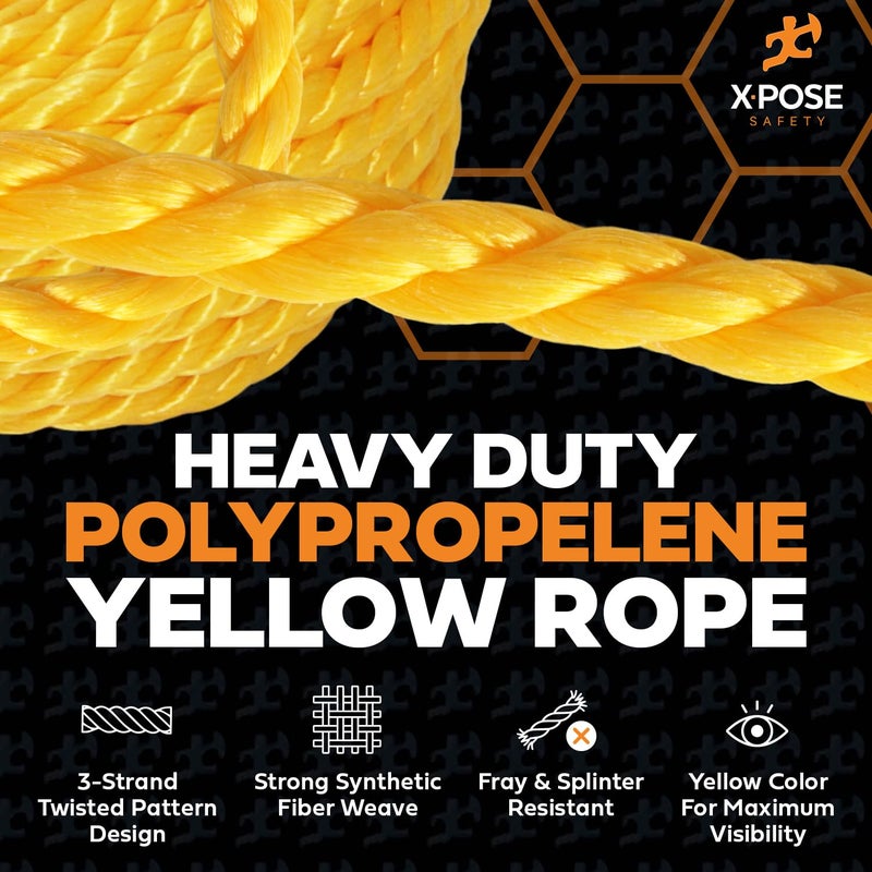 xpose safety Yellow Twisted Polypropylene Rope, 1/4" Thickness x 100' Length Heavy Duty Poly Ropes for Outdoor and Marine Use, Yellow Rope for Visibility & Safety - Image 2